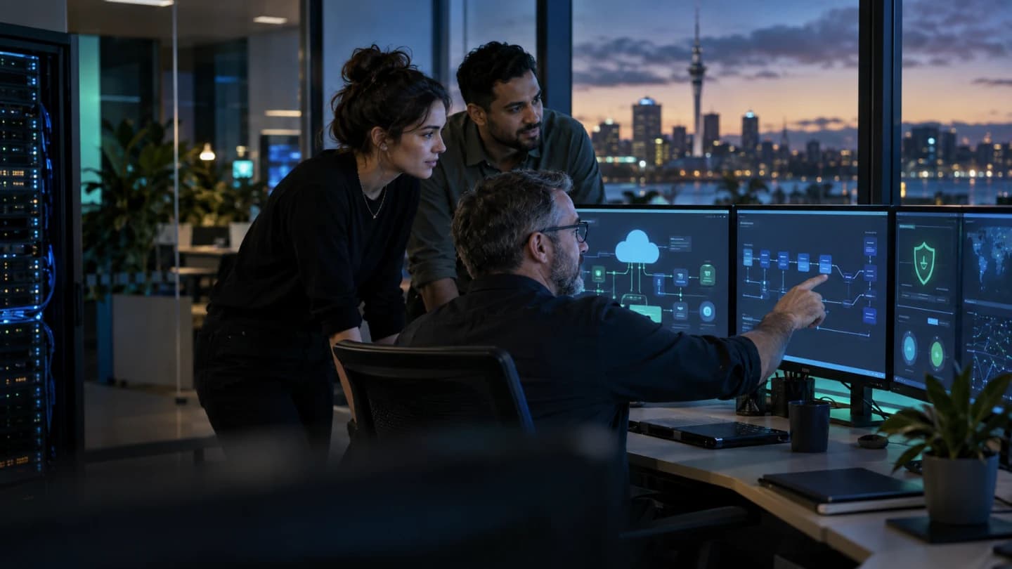 Technology consultants collaborating on cloud, AI, DevOps and security architecture